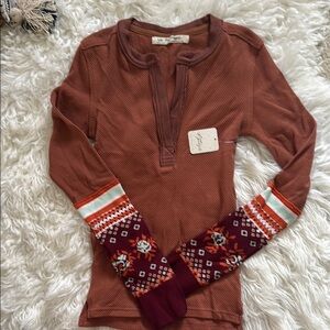 Free People Brown Fitted Ribbed Polo Long Sleeve Top